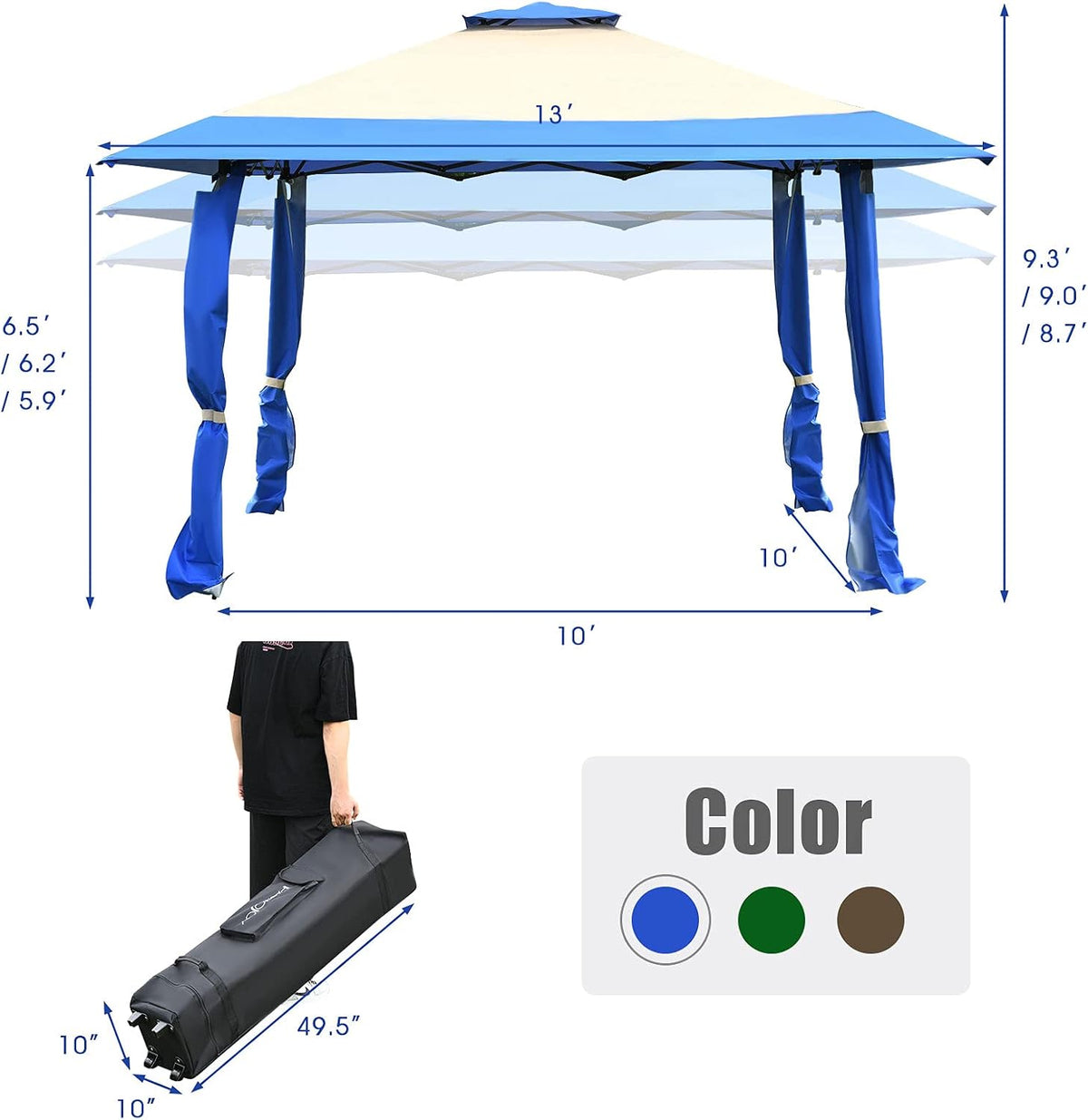 Tangkula 13 x13Ft Pop-Up Gazebo, Outdoor Canopy Shelter Tent w/ 2-Tier Roof, Corner Curtains & 3 Adjustable Heights, Patio Gazebo with 169 Sq.Ft of Shade for Yard, Patio, Beach & Park (Blue)