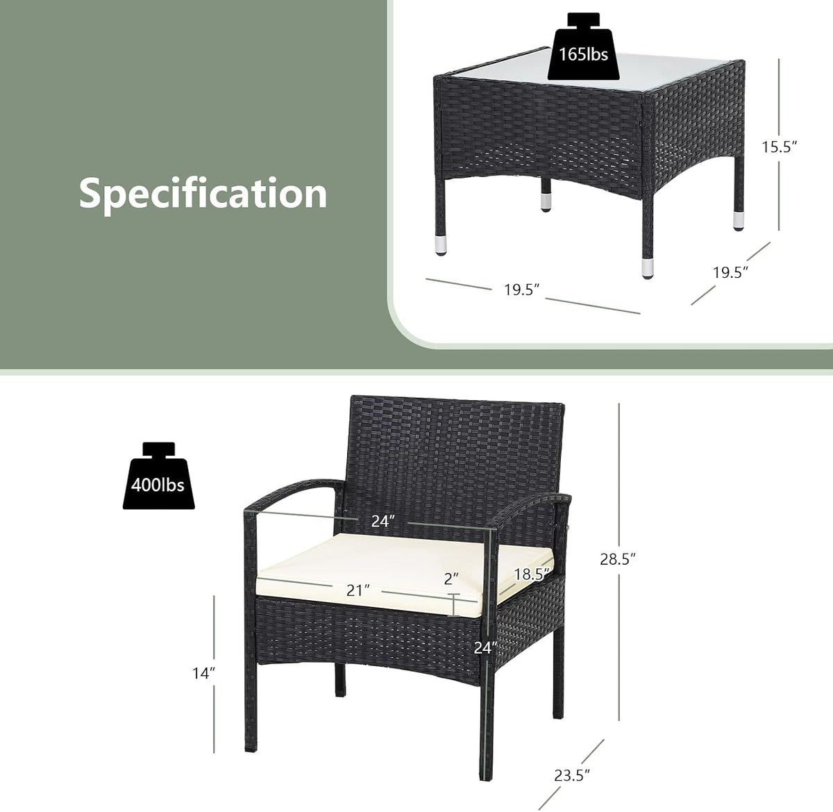 RELAX4LIFE 3-Piece Patio Furniture Set - Rattan Conversation Set, Wicker Bistro Set w/2 Chairs, Glass Coffee Table, Steel Frame, Outdoor Chairs Set for Yard Balcony, Front Porch Furniture (Beige)