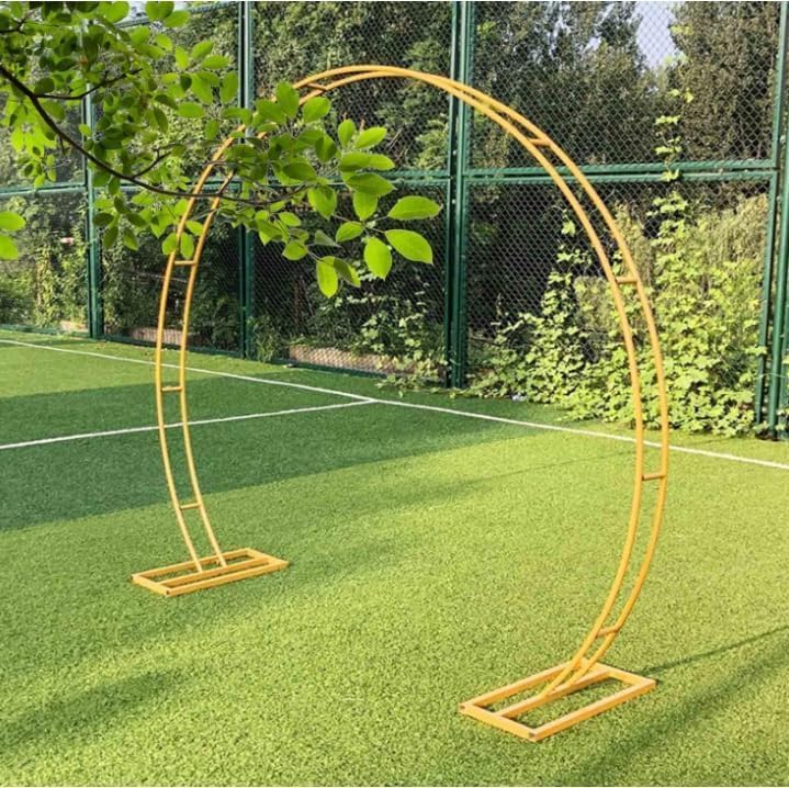 Round Rose Garden Pavilion Arch, Heavy Duty Metal Wedding Arch, Rust-Proof Round Backdrop Party Decoration Moon Gate with Base (Size: 2.4x2.8m, Color: Black)(Size:2.4x2.8m,Color:Yellow)