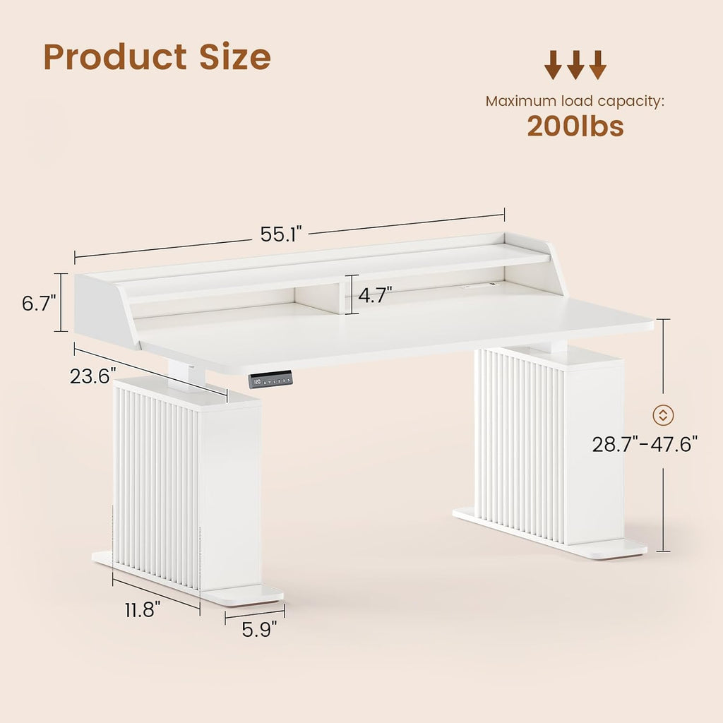 SEDETA Standing Desk with Storage, 55' Fluted Stand Up Desk with Power Outlets & LED Lights, Height Adjustable Table with Monitor Shelf for Home Office, Gaming, White