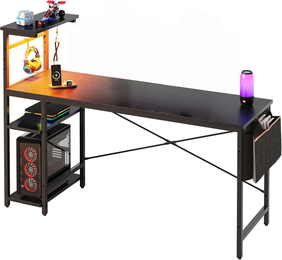 Bestier 61 Inch Gaming Desk with LED Lights, Reversible Shelves, Height Adjustable Shelf, Steel Frame, CARB P2 Class Board, Black 3D Carbon Fiber