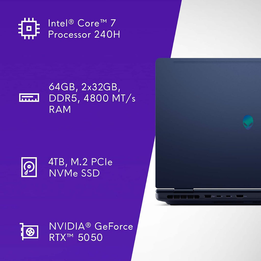 Alienware 16 Aurora Gaming Laptop (16' QHD+ 120Hz, Intel 10-Core 7 240H, 64GB DDR5 RAM, 4TB SSD, NVIDIA GeForce RTX 5050 8GB), White Backlit Keyboard, Wi-Fi 7, Ethernet, Webcam, Windows 11 Home