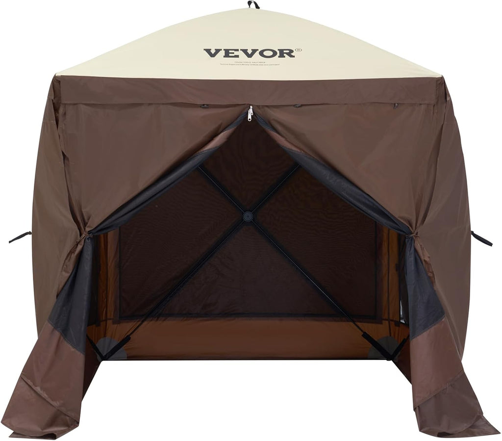 VEVOR Pop Up Gazebo Tent, Pop-Up Screen Tent 4 Sided Canopy Sun Shelter with 4 Removable Privacy Wind Cloths & Mesh Windows, 6x6FT Quick Set Screen Tent with Mosquito Netting, Brown