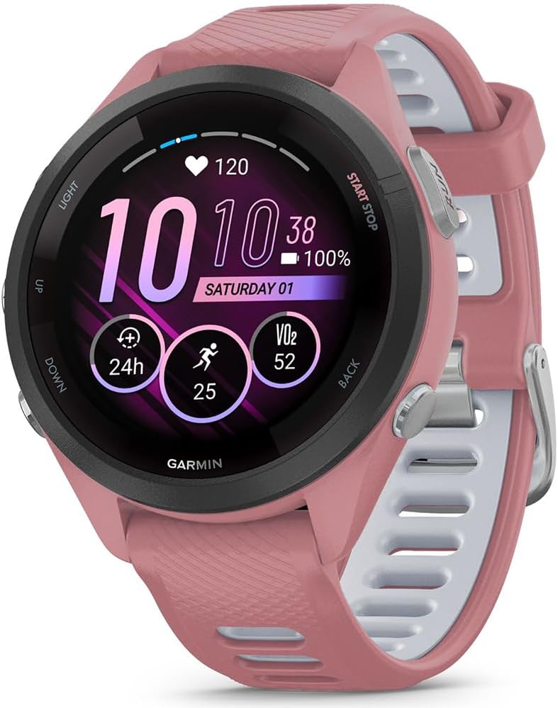 Garmin 010-02810-05 Forerunner 265S GPS Smartwatch Light Pink/Whitestone Bundle with Deco Essentials Charging Dock, Silicone Dust Cover 3 Pack and USB Type C Charging Cable
