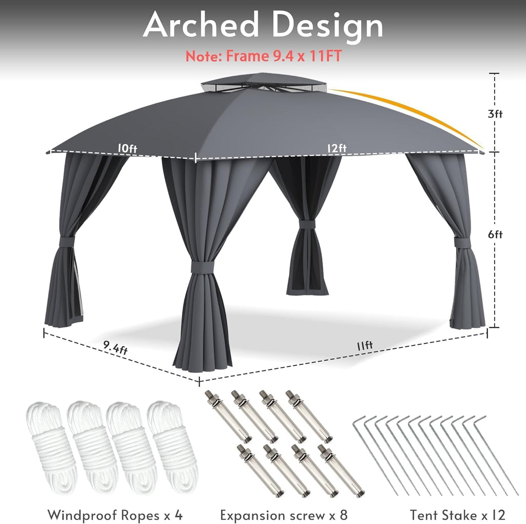Gazebo 10x12 (Canopy Size) with LED Light & Mosquito Netting & Privacy Screens. Double Roof Design Outdoor Gazebo with Trapezoidal Support System for Patio, Deck, Backyard, Garden & Lawns