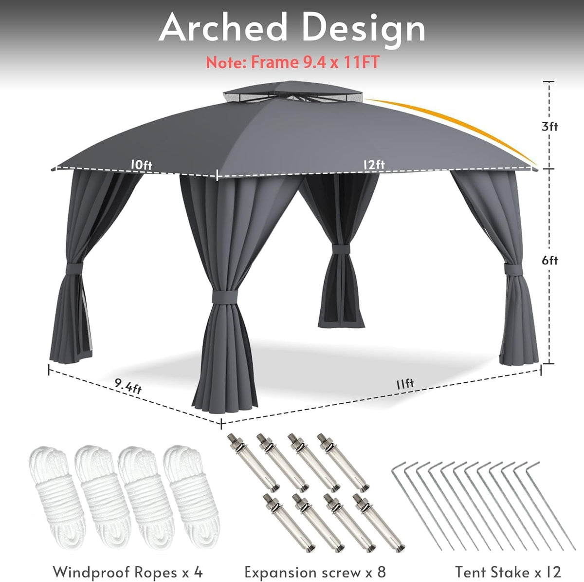 Gazebo 10x12 (Canopy Size) with LED Light & Mosquito Netting & Privacy Screens. Double Roof Design Outdoor Gazebo with Trapezoidal Support System for Patio, Deck, Backyard, Garden & Lawns