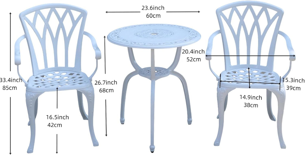 KAILI 3 Piece Bistro Table Set Cast Aluminum Outdoor Patio Furniture with Chair with armrests(White)