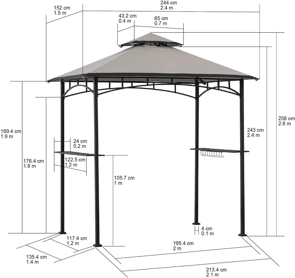SUNJOY 8 x 5 ft Grill Gazebo with Double Tiered Canopy Roof, Black Steel Frame Grill Gazebo for Outdoor, Patio, Garden, and Backyard Activities, Beige