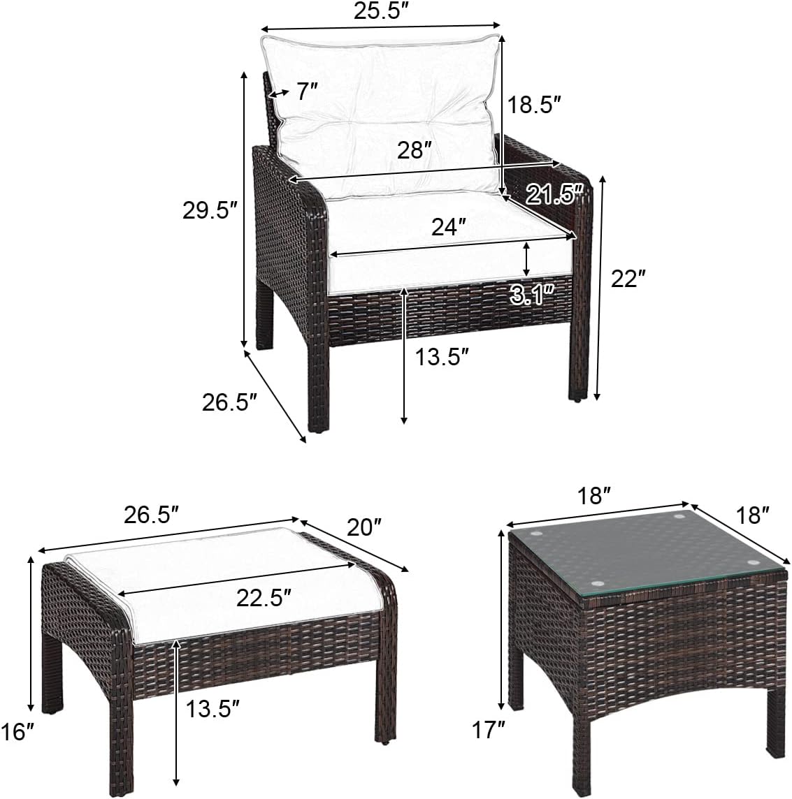 HAPPYGRILL 5PCS Patio Furniture Set Outdoor Rattan Wicker Conversation Set with Coffee Table Cushioned Sofas and Ottoman Chat Set for Garden Backyard