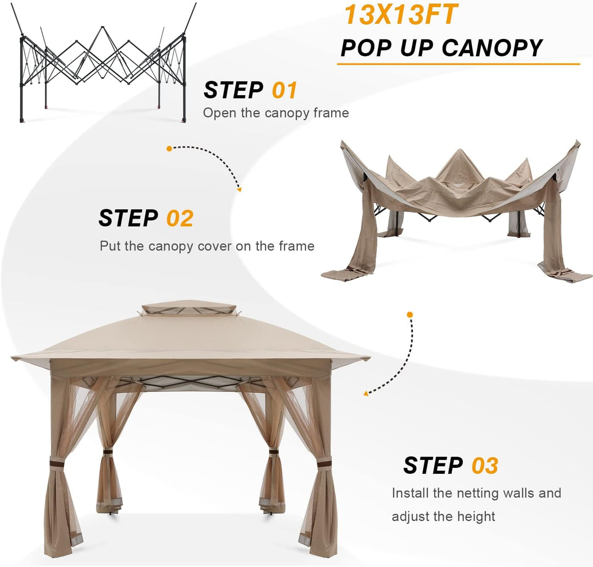 COOSHADE 13x13 Pop Up Gazebo Tent Outdoor Canopy Patio Shelter with Mosquito Netting(Khaki)
