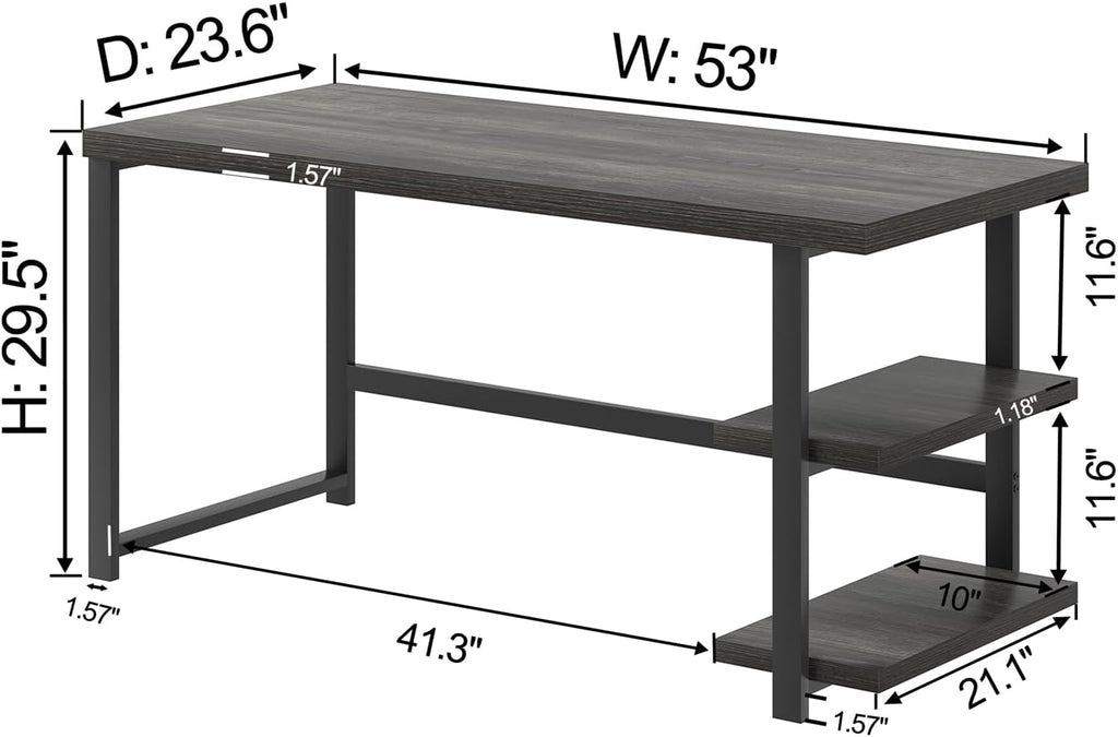 FOLUBAN Home Office Desk, Modern Computer Desk with Storage Shelf, Wood Study Writing Gaming Table for Bedroom Living Room, Industrial Dark Gray, 53 Inch