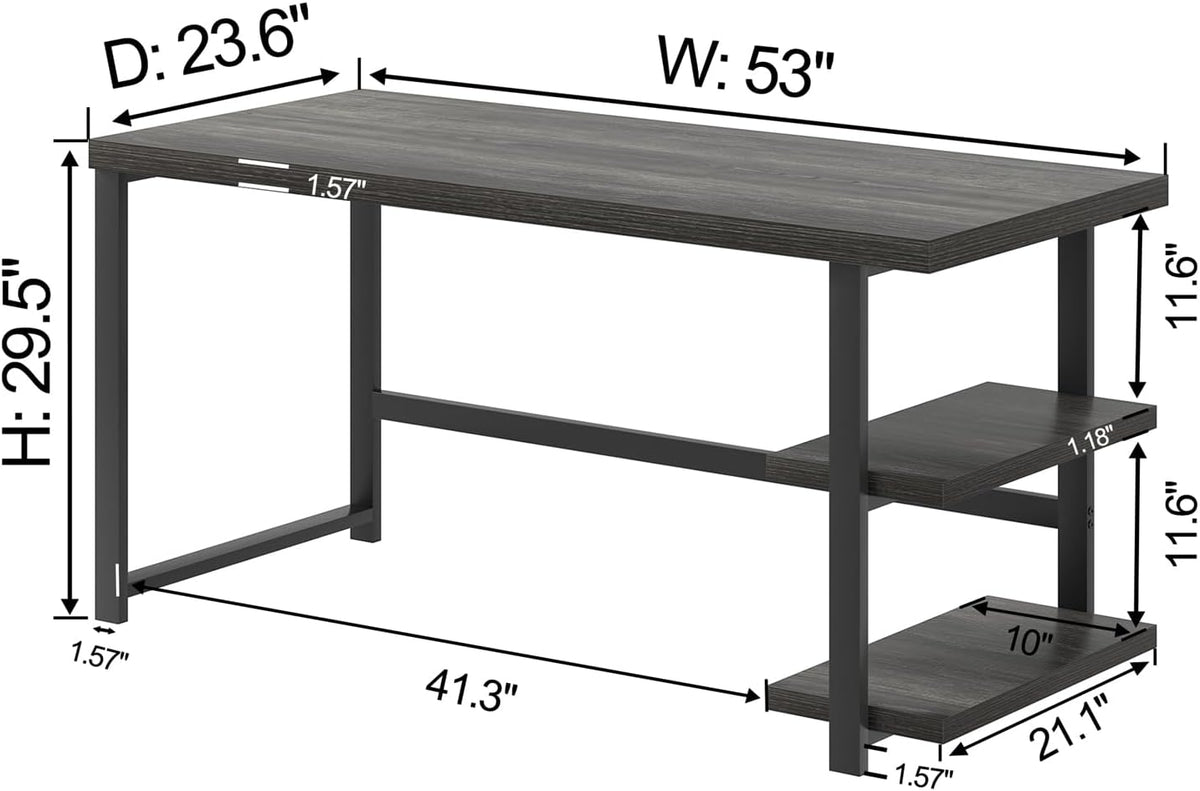 FOLUBAN Home Office Desk, Modern Computer Desk with Storage Shelf, Wood Study Writing Gaming Table for Bedroom Living Room, Industrial Dark Gray, 53 Inch