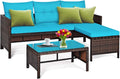 DORTALA Wicker Patio Furniture Set Couch 3 Piece, L-Shaped PE Rattan Outdoor Sectional Sofa Conversation Set with Loveseat, Lounge and Tempered Glass Coffee Table for Garden Lawn Deck, Turquoise