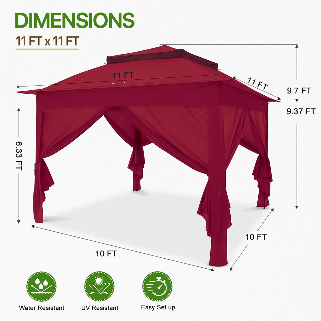COOS BAY 11x11 Pop Up Gazebo with 4 Sidewalls, Instant Outdoor Canopy Tent with UPF 50+ UV Protection, Water Resistant Shelter with Carry Bag, Stakes & Ropes, Red