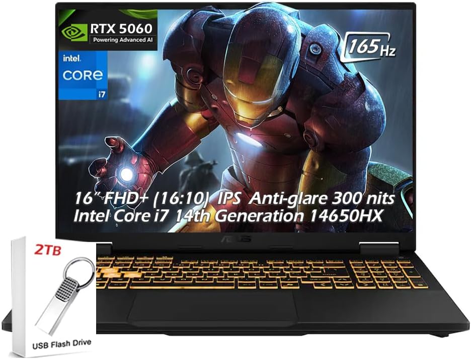 ASUS TUF Gaming F16 (2025) Gaming Laptop, 16' FHD+ 165Hz IPS Display, Intel Core i7-14650HX, RTX 5060, 32GB DDR5 1TB SSD WiFi AX RJ-45 BT Webcam Backlit KB Win11 Jaeger Gray, w/2TB USB Drive, W/GaLiMu