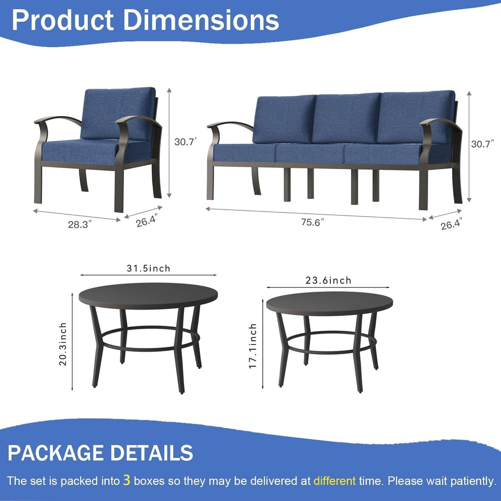 Aluminum Outdoor Patio Furniture Set,5 Seats Patio Conversation Sets with 2 Round Coffee Tables,Metal Patio Sectional Furniture Set with 5.1' Thickened Cushions,Navy Blue