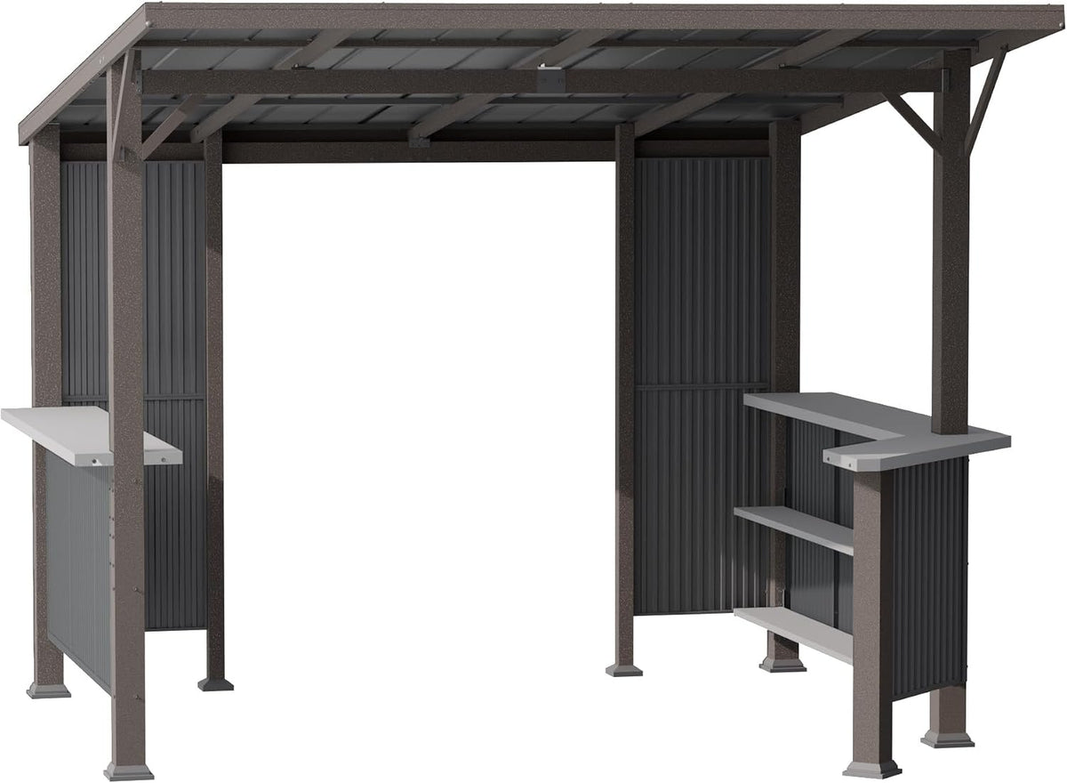 10' x 10' Hardtop Grill Gazebo,Outdoor Galvanized Steel BBQ Lean to Gazebo with 2 Side Shelves,Permanent Hardtop Grill Canopy with Independent Countertop for Patio Backyard Lawn Garden