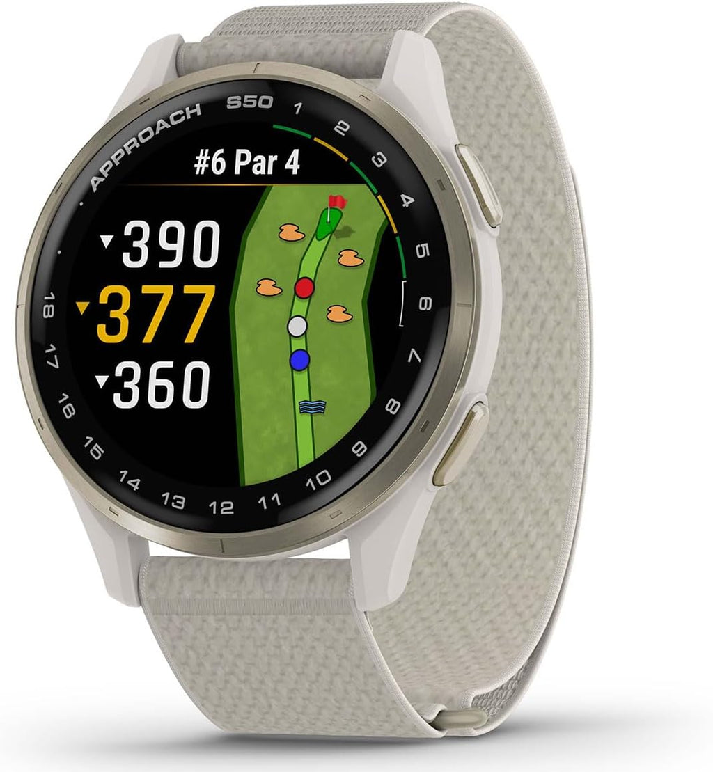 Garmin Approach S50 (Cream Gold/Ivory) Golf GPS Smartwatch Gift Box Bundle - 1.2' AMOLED Display, On-Course Features, Wrist Heart Rate with PlayBetter Screen Protectors, Wall Adapter & Hard Case