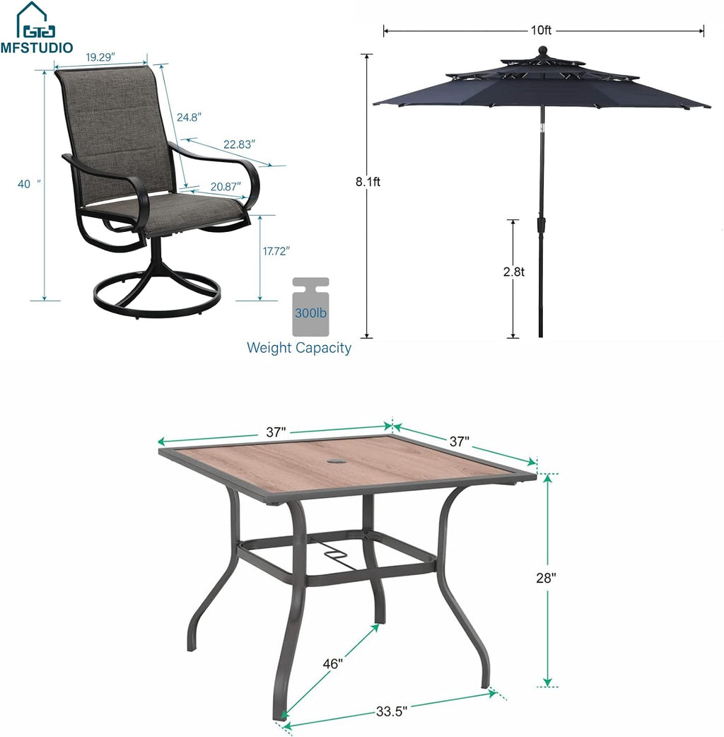 MFSTUDIO Patio Dining Set for 4, Outdoor Furniture Set with Navy Umbrella (Base not Included), Wood-Like Square Table and 4 Swivel Chairs for Patio, Deck, Backyard, Garden