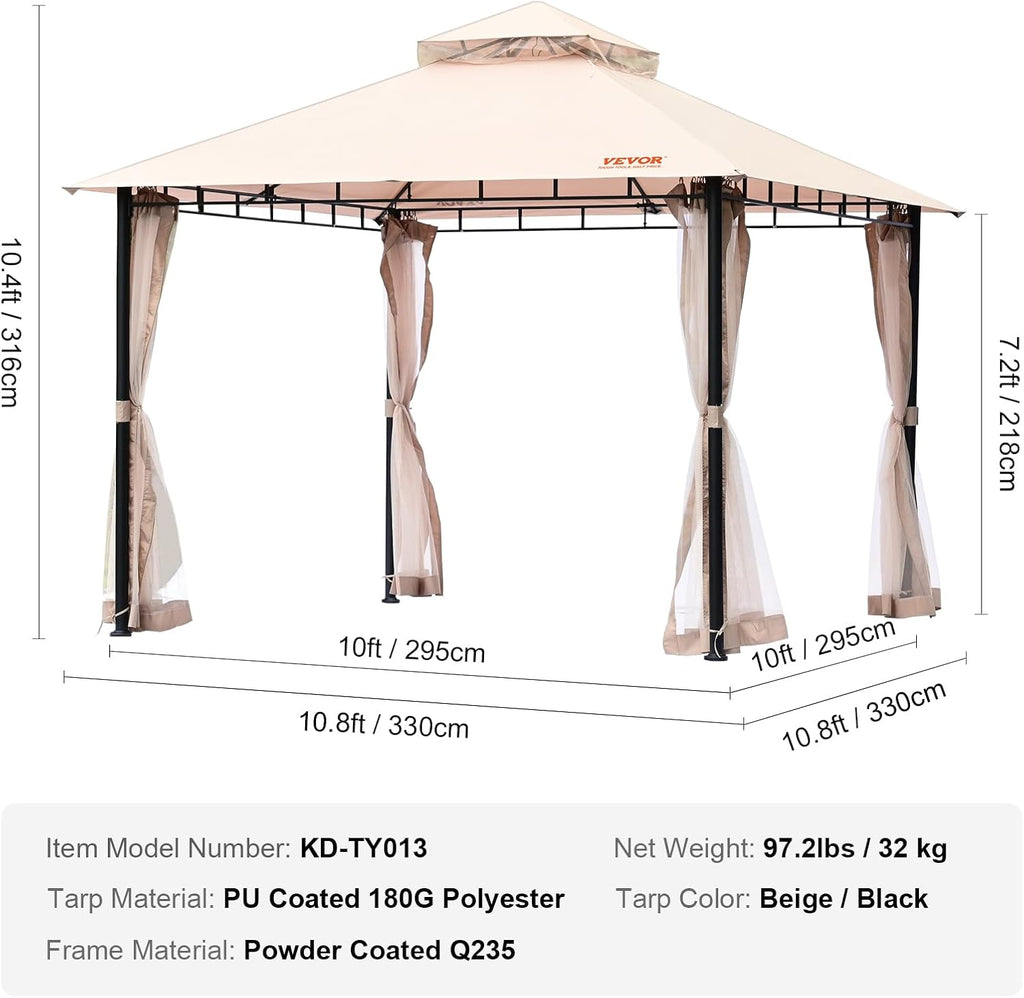 VEVOR Patio Gazebo for 6-8 Person, 10 x 10 FT Backyard Gazebo, with Mosquito Netting, Metal Frame, and PU Coated 180G Polyester, Outdoor Canopy Shelter for Patio, Backyard, Lawn, Garden, Deck