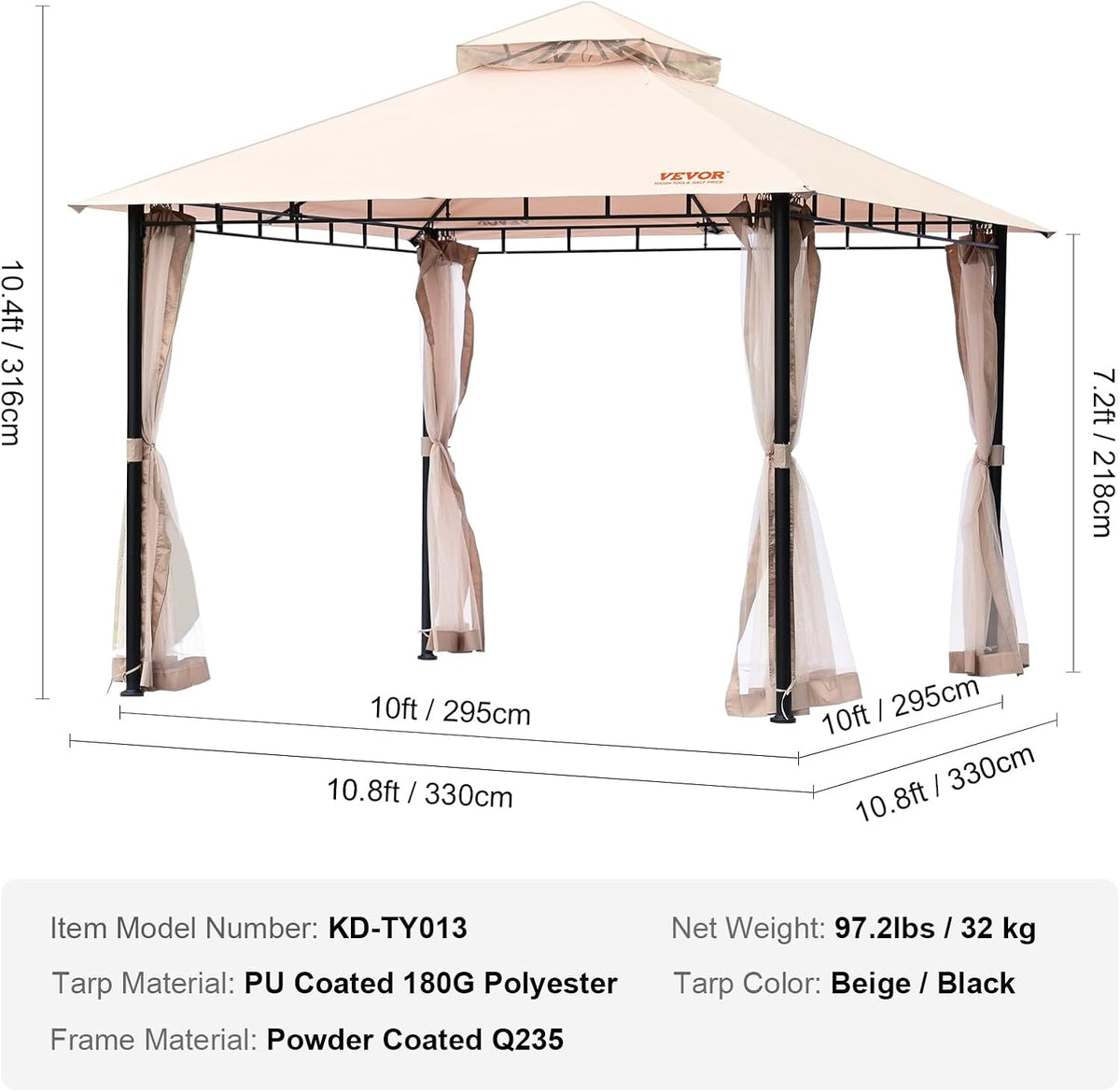 VEVOR Patio Gazebo for 6-8 Person, 10 x 10 FT Backyard Gazebo, with Mosquito Netting, Metal Frame, and PU Coated 180G Polyester, Outdoor Canopy Shelter for Patio, Backyard, Lawn, Garden, Deck