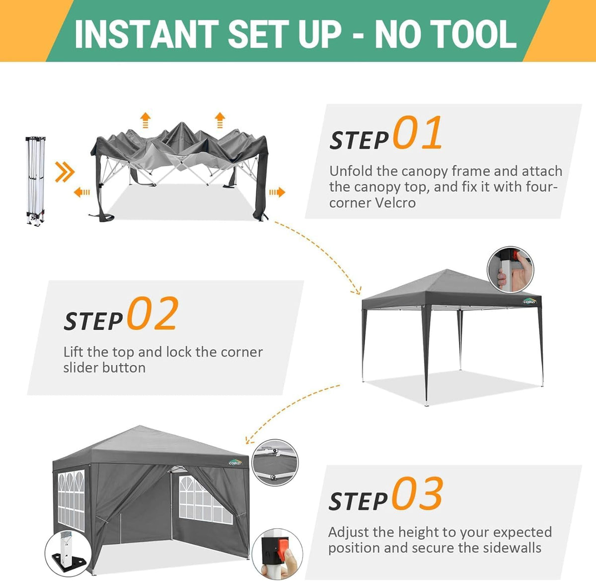 COBIZI 10x10 Pop Up Canopy Tent with 4 Sidewalls Party Tents Waterproof UPF 50+ Commercial Instant Outdoor Events Tent for Parties Markets Backyard, Ropes（10 x 10 ft Gray