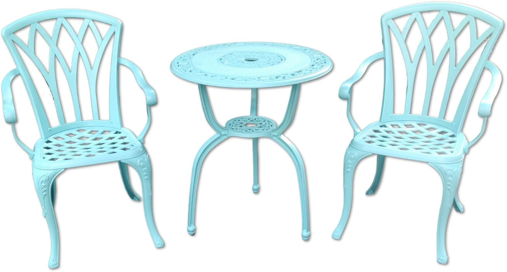 KAILI 3 Piece Bistro Table Set Cast Aluminum Outdoor Patio Furniture with Chair with armrests (Light Blue)