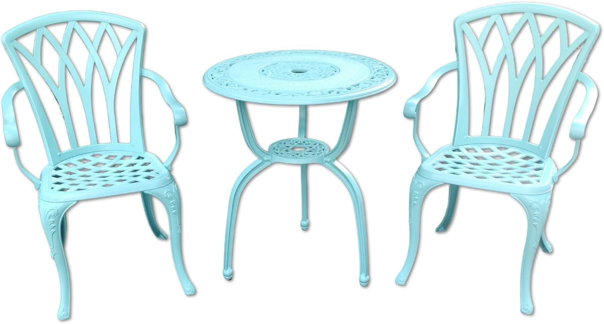 KAILI 3 Piece Bistro Table Set Cast Aluminum Outdoor Patio Furniture with Chair with armrests (Light Blue)