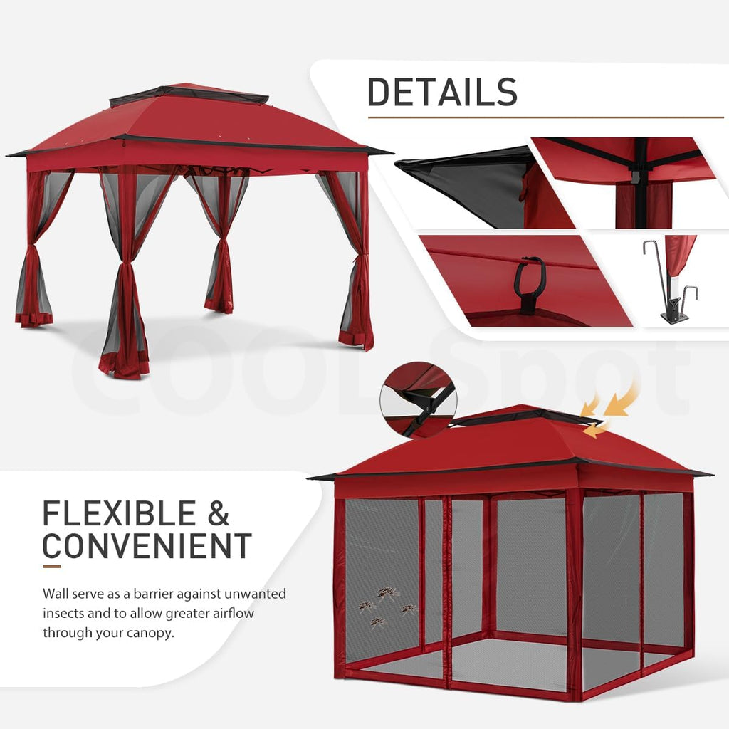 COOS BAY 11x11 Pop Up Gazebo with Mesh Netting, Instant Outdoor Canopy Tent, Water Resistant Shelter with UPF 50+ UV Protection, 121 Sq Ft Coverage, Red