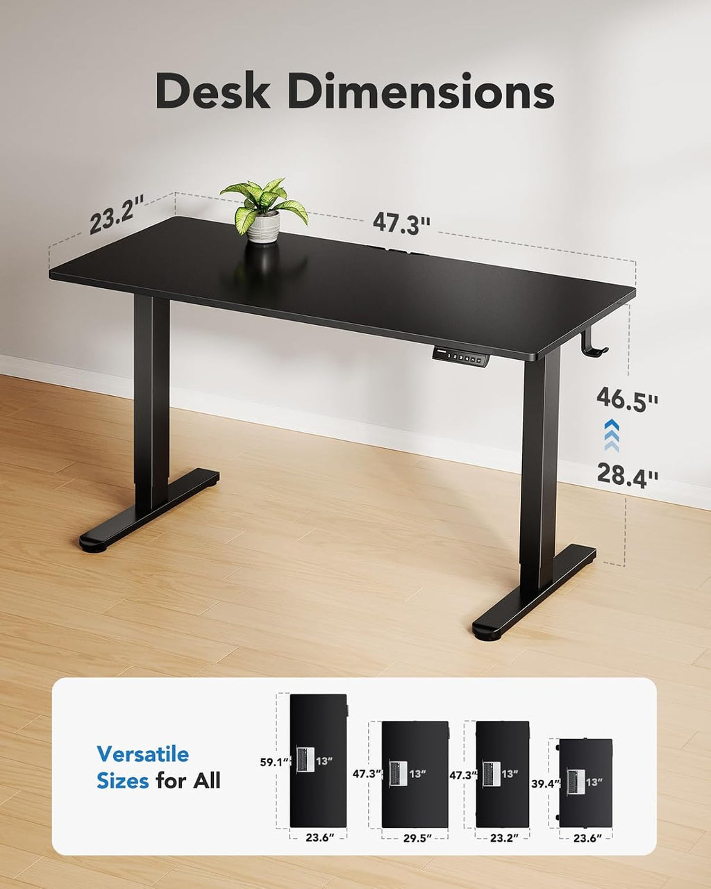 HUANUO Electric Standing Desk, Whole Piece Desktop, Adjustable Height Computer Desks, 4 Height Memory Settings, Sit Stand Up Desk for Home Office, 48' x 24', Black