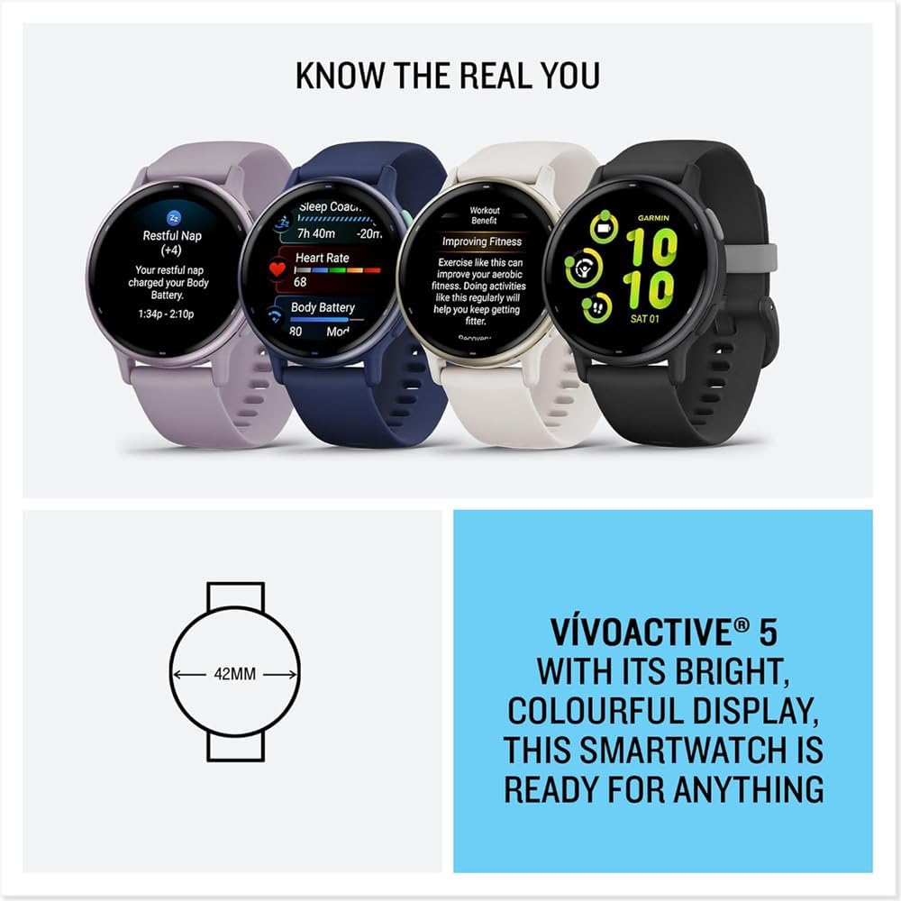 Garmin 010-02862-12 Vivoactive 5 Fitness Smartwatch, Navy | Official USA Partner Model | Bundle with Deco Essentials 2-Pack Screen Protector and 2 YR CPS Enhanced Protection Pack