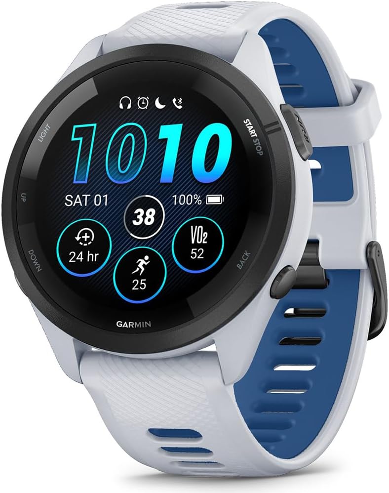 Garmin 010-02810-01 Forerunner 265 GPS Smartwatch Whitestone/Tidal Blue | Official USA Partner Model | Bundle with Deco Essentials Exclusive 26 Month CPS Enhanced Protection Pack
