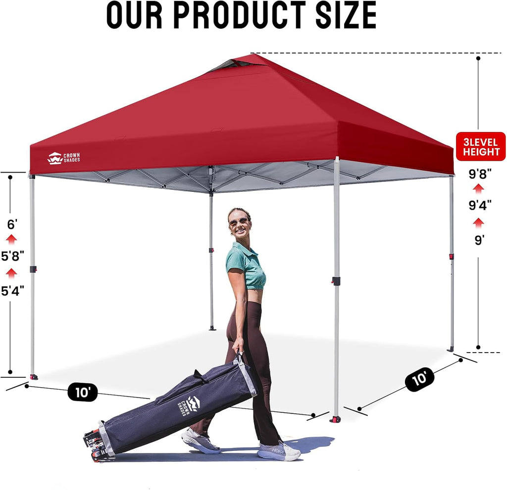 CROWN SHADES 10x10 Pop Up Canopy - Beach Tent with One Push Setup - Easy Outdoor Sun Shade for Events, Parties, Camping - Gazebo with STO-N-Go Cover Bag, Silver Coated Top, Red