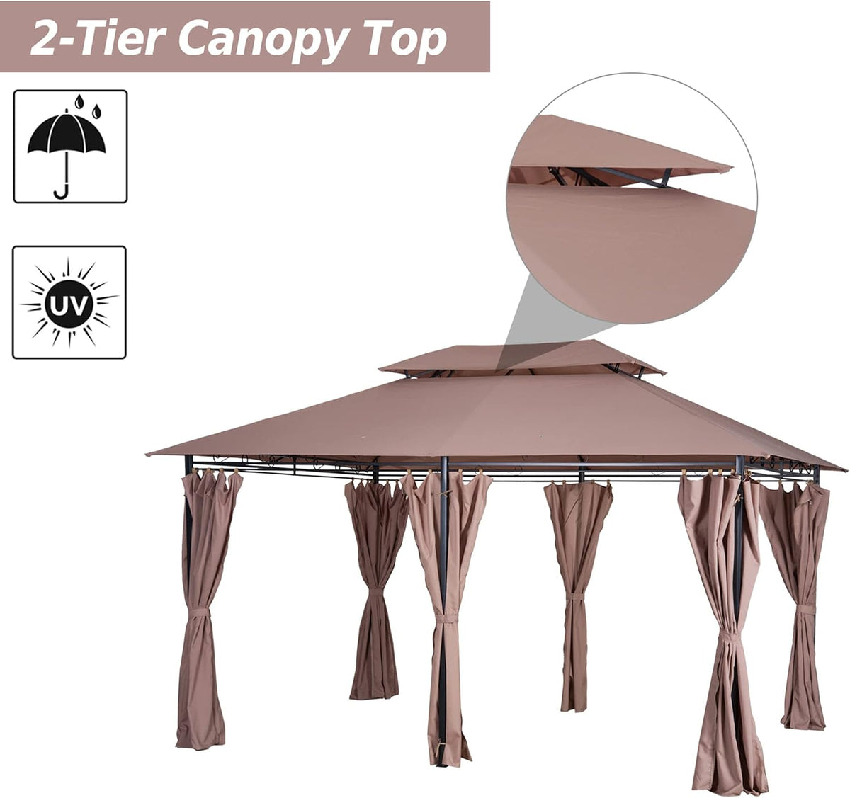 Outsunny 10' x 13' Patio Gazebo, Outdoor Gazebo Canopy Shelter with Curtains, Vented Roof, Steel Frame for Garden, Lawn, Backyard and Deck, Khaki