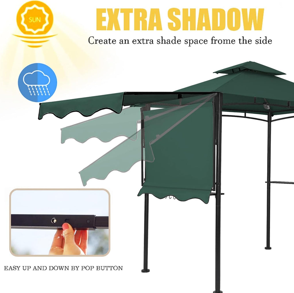 FAB BASED 5x8 Grill Gazebo with Extra Awning, All-Weather Steel Construction, Double Tiered & Resistant Canopy Roof, Metal Serving Shelves, 2 LED, Bottle Opener for Patio, Backyard, BBQ (Green)