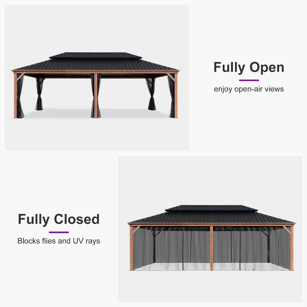 PURPLE LEAF 14' X 24' Outdoor Hardtop Gazebo for Patio Galvanized Steel Double Roof Permanent Canopy Teak Finish Coated Aluminum Frame Pavilion Gazebo with Netting