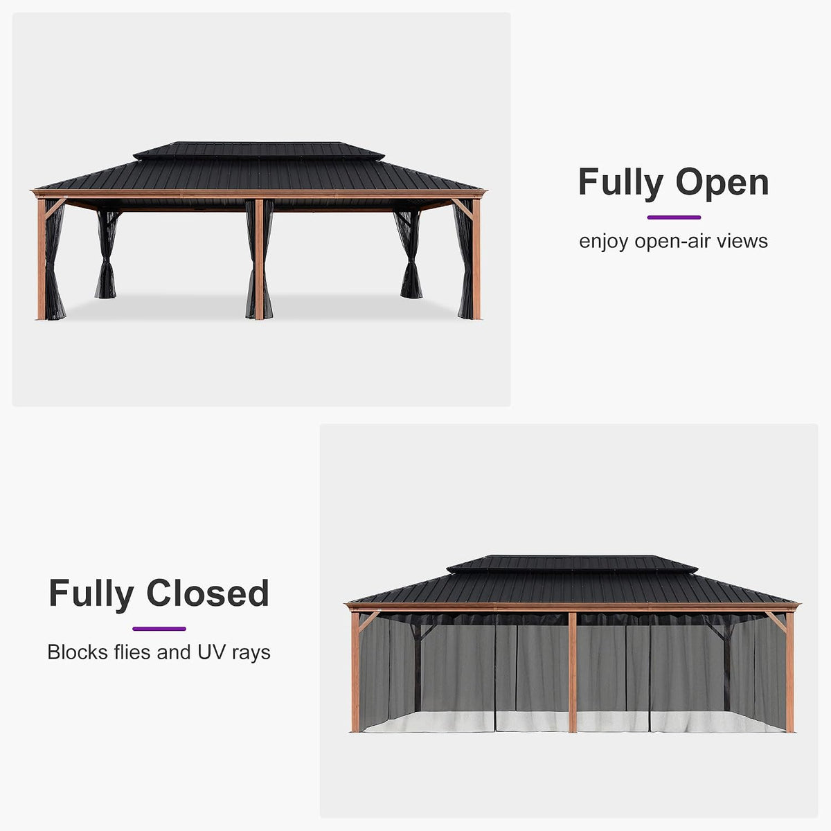 PURPLE LEAF 14' X 24' Outdoor Hardtop Gazebo for Patio Galvanized Steel Double Roof Permanent Canopy Teak Finish Coated Aluminum Frame Pavilion Gazebo with Netting