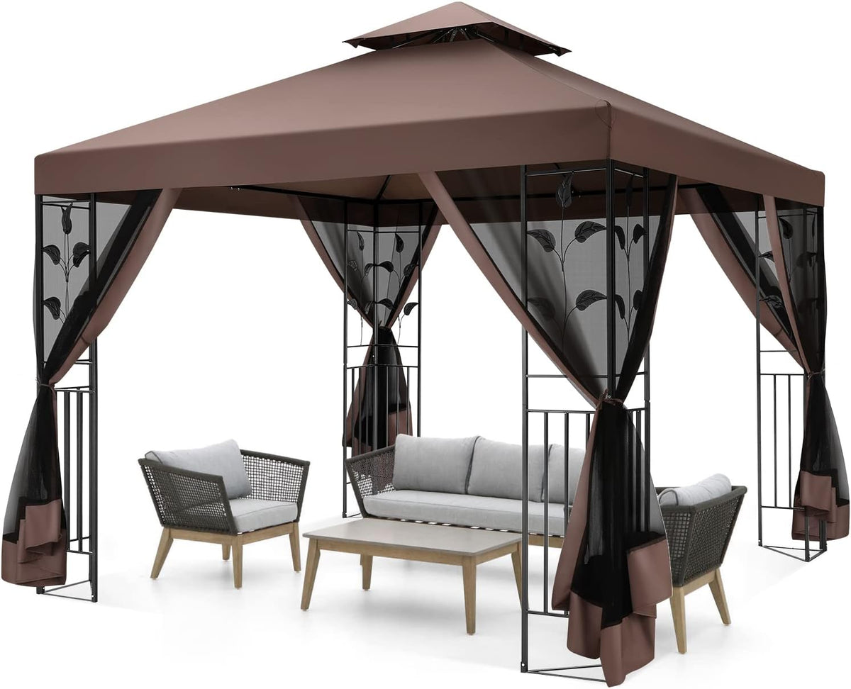 COBIZI Gazebo 10x10 Heavy Duty Gazebo with Improved Nettings Outdoor Gazebo Canopy Double Roof Patio Gazebo with Metal Steel Frame Gazebo Tent for Patio, Deck, Backyard (Brown, Nettings, New Model)