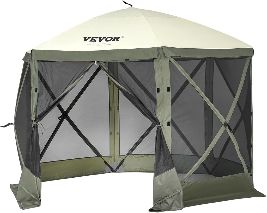 VEVOR 10x10FT Pop Up Gazebo Tent with Mosquito Netting, 6 Removable Wind Panels & Mesh Windows, 6-Sided Screen Canopy for Patio, Army Green
