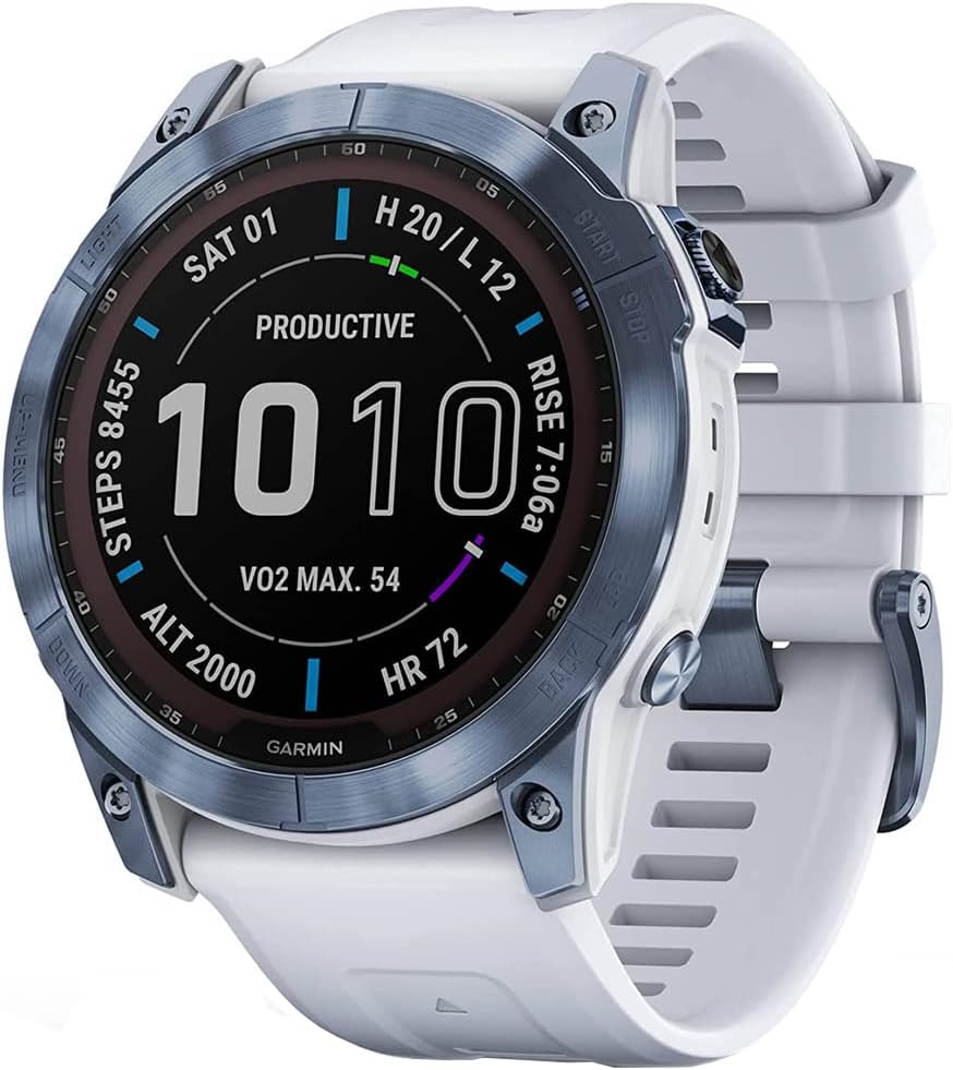 Garmin 010-02541-14 Fenix 7X Sapphire Solar Smartwatch Mineral Blue Titanium with Whitestone Band Bundle with 2 YR CPS Enhanced Protection Pack