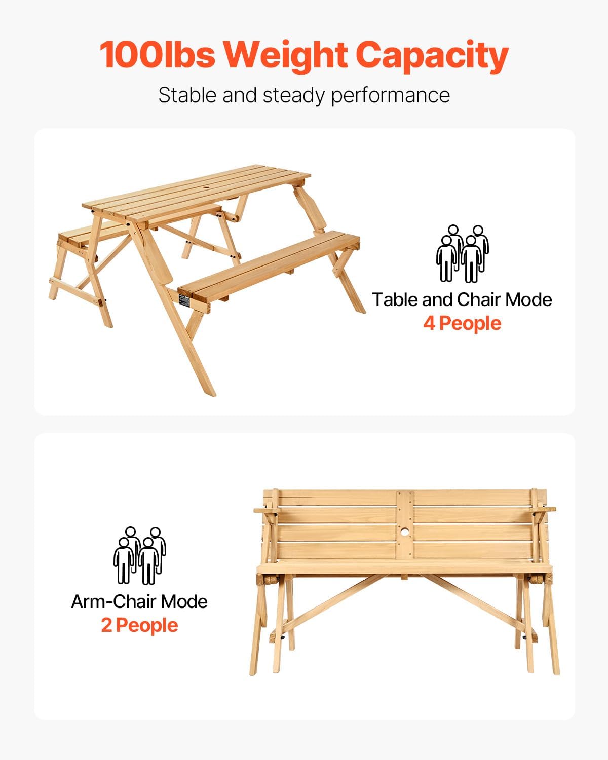 VEVOR 2-in-1 Transforming Interchangeable Picnic Table, Outdoor Wooden Table and Bench Set, Portable Foldable Bench with Umbrella Hole, Patio Dining Furniture for Garden, Backyard, Porch (Brown)