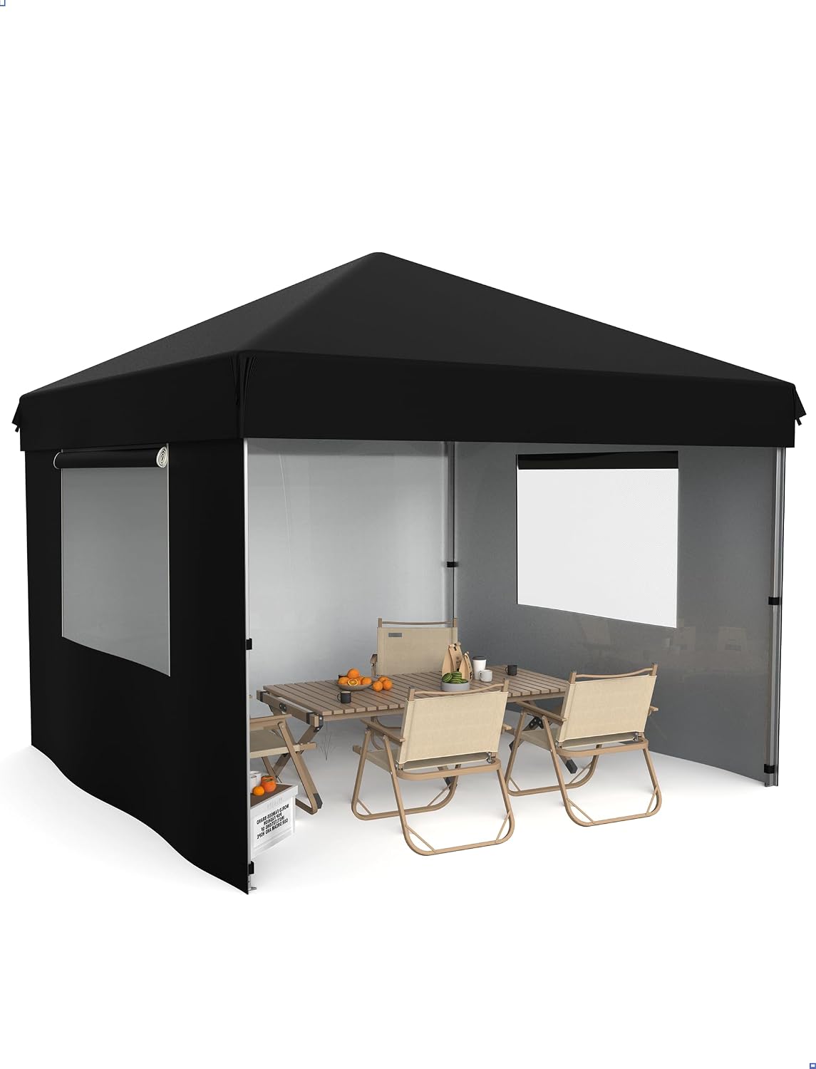 10x10 Pop Up Canopy with 3 Sidewalls - Outdoor Canopy Tent with Portable Roller Bag - One Button Push Setup, 3 Adjustable Height, 4 Weight Bags, 8 Stakes & 4 Guy Ropes Included, Black