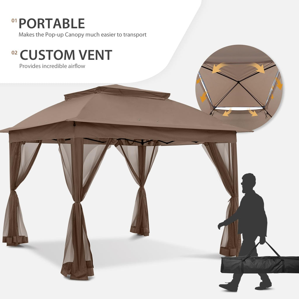 COOS BAY 11x11 Pop Up Gazebo with Mesh Netting, Instant Outdoor Canopy Tent, Water Resistant Shelter with UPF 50+ UV Protection, 121 Sq Ft Coverage, Brown