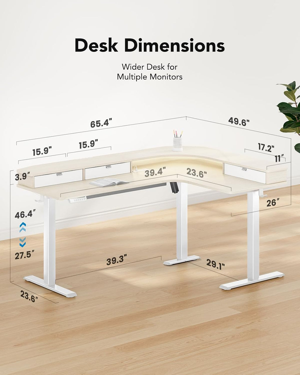 HUANUO 65″ L-Shaped Standing Desk with Power Outlets & LED Strip, Electric Height Adjustable Corner Computer Desk, Sit Stand Up Desk with 3 Drawers, Natural Wood