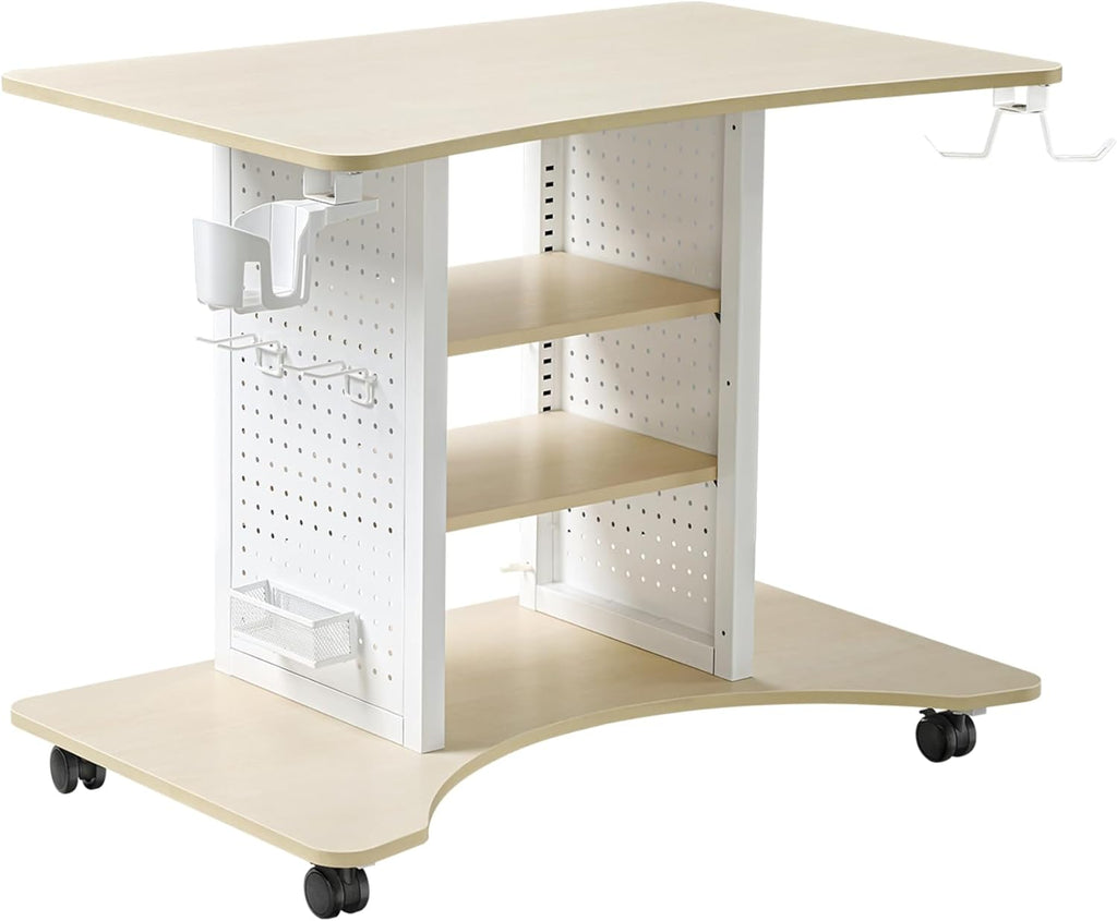 EUREKA ERGONOMIC Gaming Desk Computer, 37' Rolling Desk on Wheels for Small Space, Mobile Computer Cart with Pegboards Adjustable Shelves for Gaming PS Switch, Craft Station, Home Office - Maple