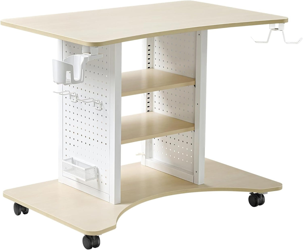EUREKA ERGONOMIC Gaming Desk Computer, 37' Rolling Desk on Wheels for Small Space, Mobile Computer Cart with Pegboards Adjustable Shelves for Gaming PS Switch, Craft Station, Home Office - Maple