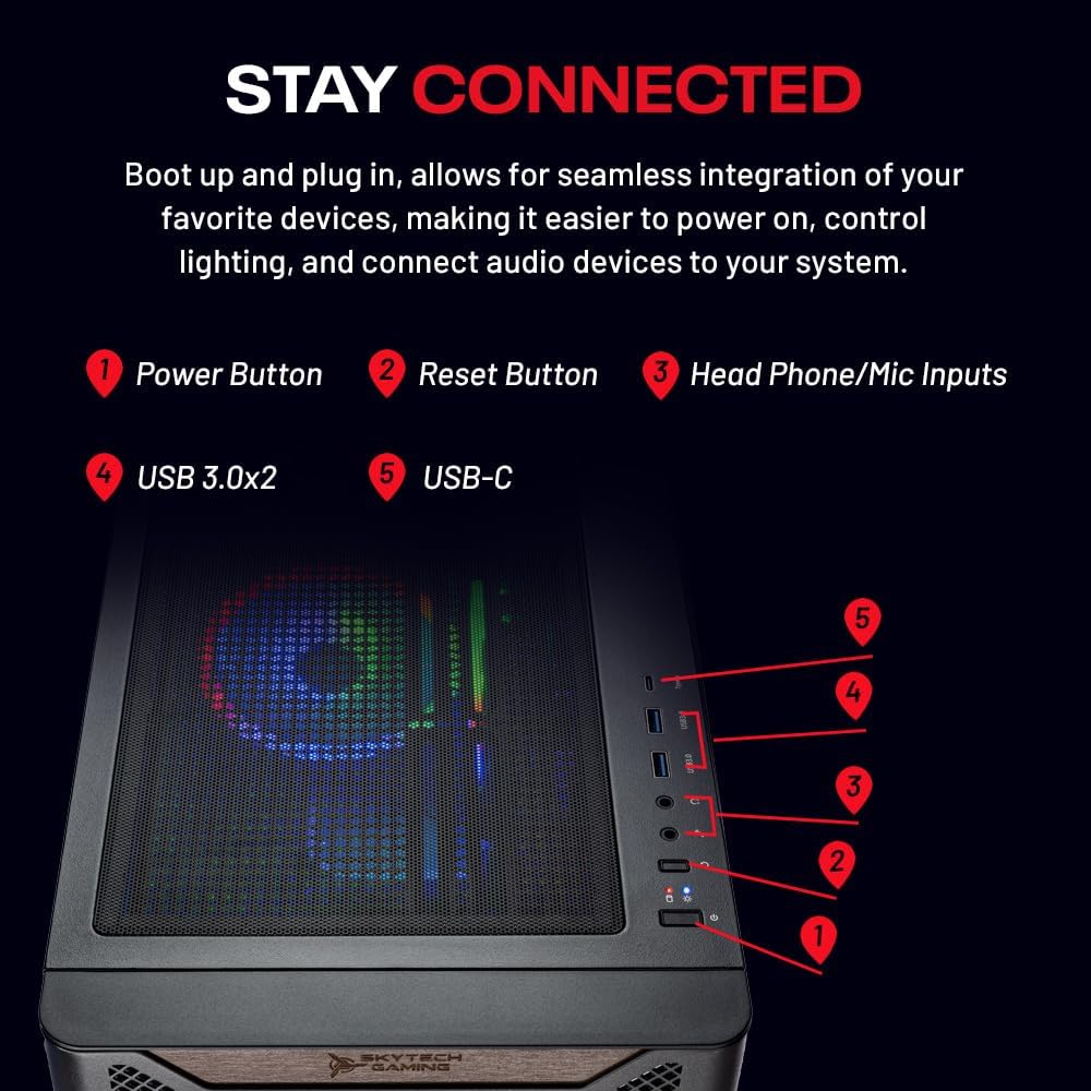 Skytech Gaming Chronos 3 Desktop PC, Ryzen 7 7700X 4.5 GHz (5.4GHz), NVIDIA RTX 5070 12GB, 1TB NVMe SSD, 32GB DDR5 RAM 5600 RGB, 850W Gold PSU, 360mm ARGB AIO, Wi-Fi, Win 11