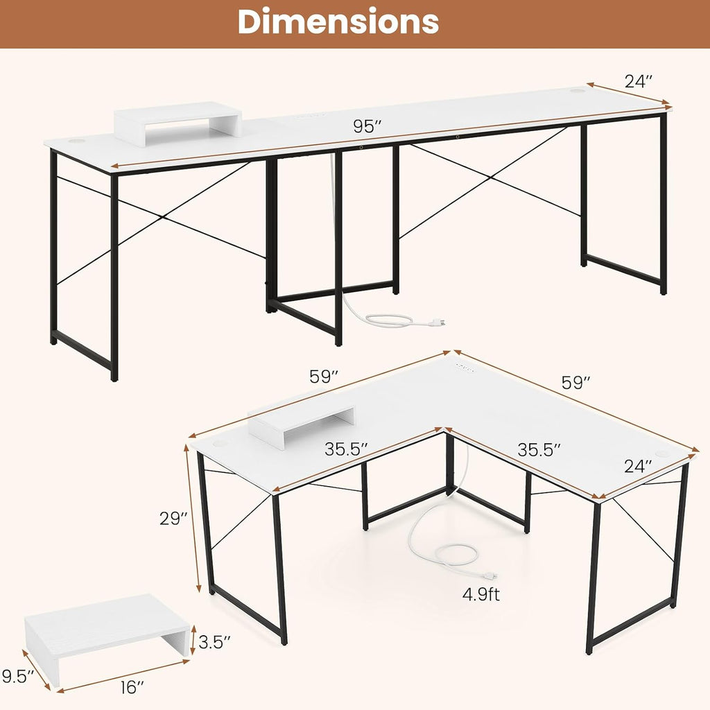 Tangkula L-Shaped Computer Desk with Power Outlets, 95' Long 2-Person Desk with Monitor Shelf, Modern Corner Desk Gaming Table with USB Ports for Home Office