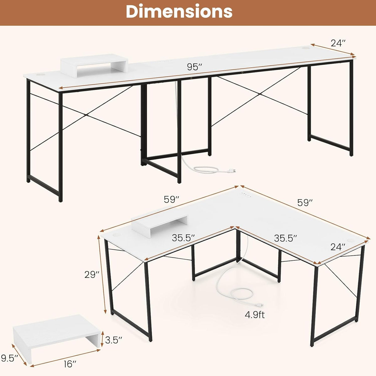 Tangkula L-Shaped Computer Desk with Power Outlets, 95' Long 2-Person Desk with Monitor Shelf, Modern Corner Desk Gaming Table with USB Ports for Home Office