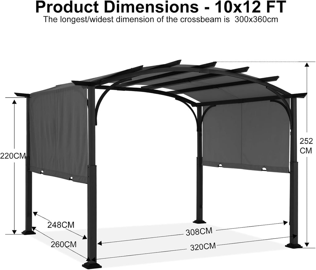 ABCCANOPY Outdoor Pergola 10'x12', Arched Patio Gazebo with Retractable Sun Shade, Dary Gray
